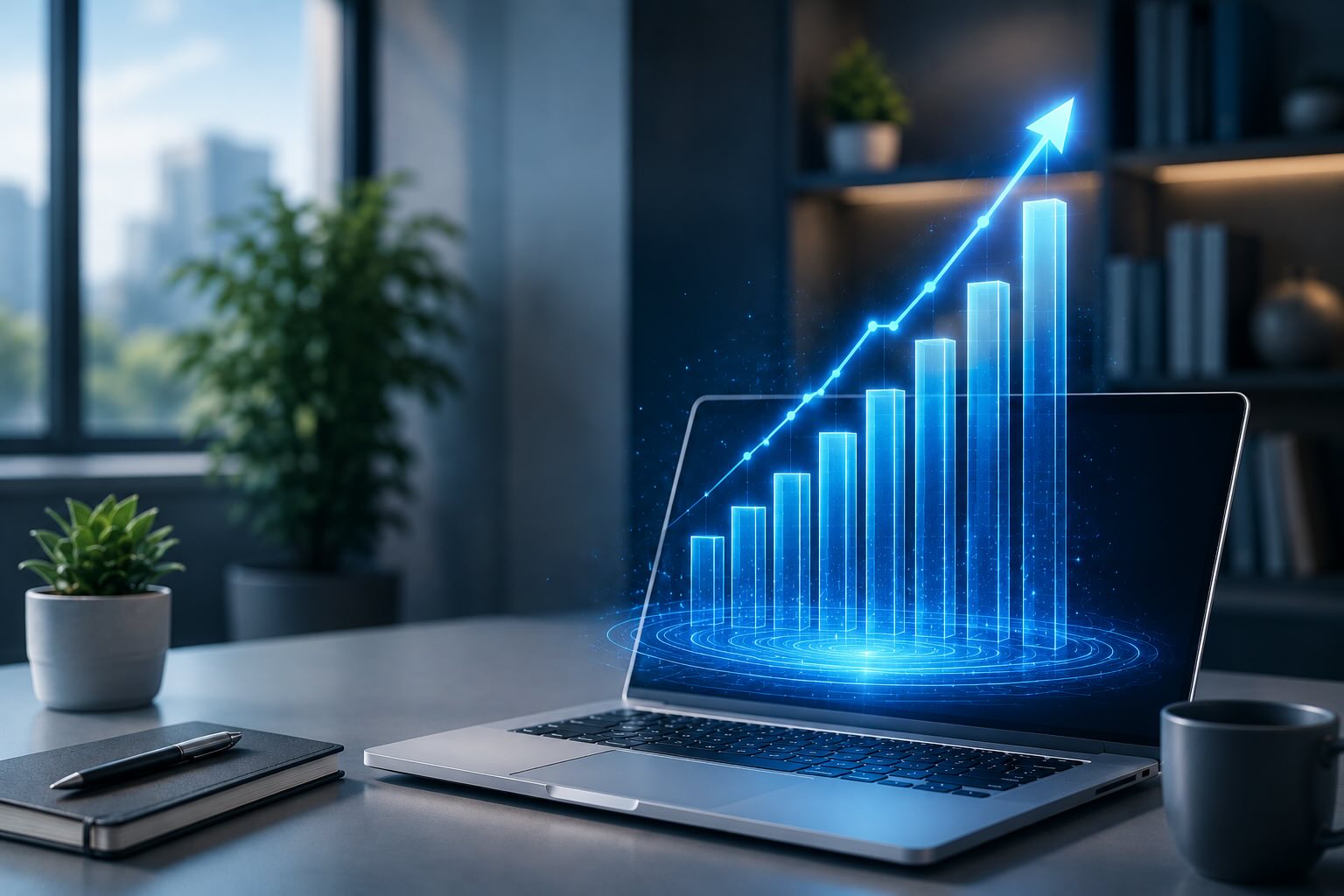 A sleek silver laptop sits on a minimalist desk, supporting a luminous blue digital growth chart hologram floating in the air. Soft ambient light illuminates the professional tech-focused office environment.