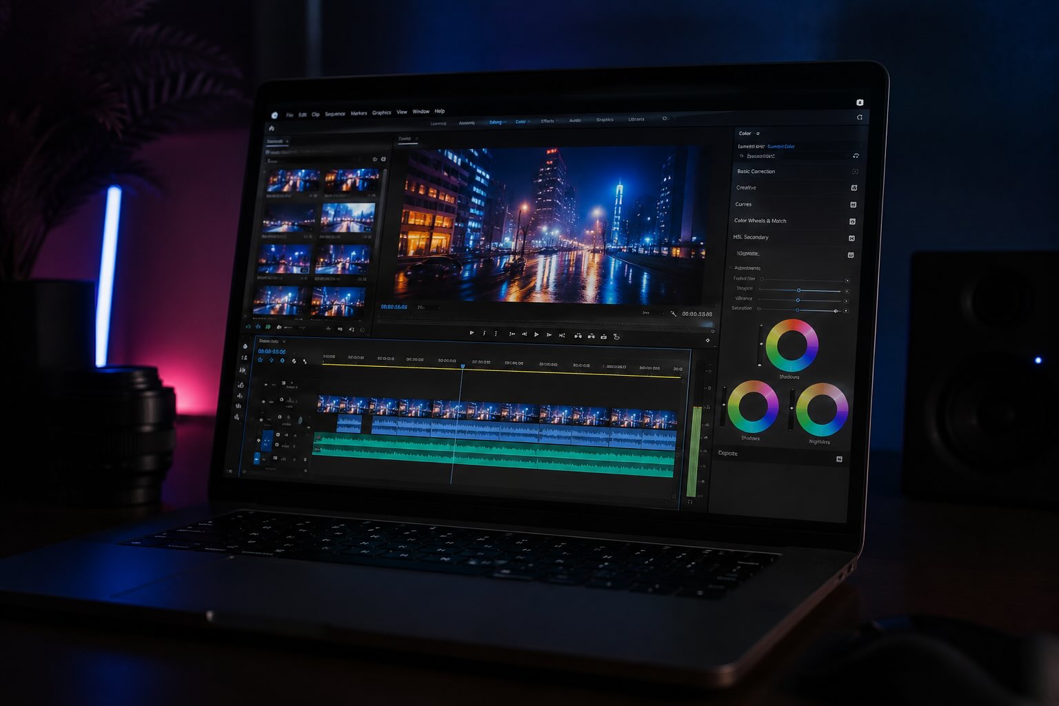 A picture of a laptop showing a video editor
